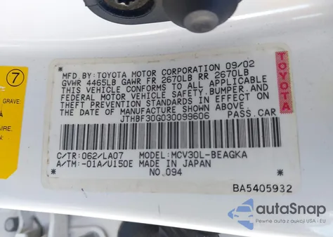 2003 Lexus Es 300 z USA, uszkodzony, nr VIN JTHBF30G030099606